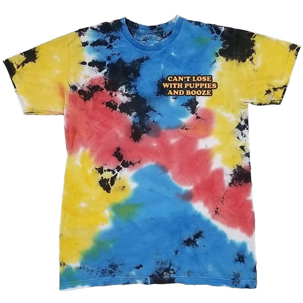 VTG Linda Finegold Mens M Tye Dye Shirt "Can't Lose With Puppies And Booze"